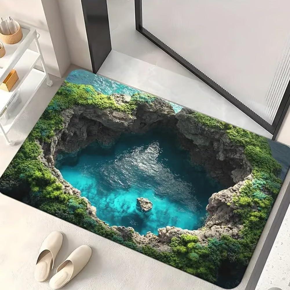 

2D Water Hole Optical Illusion Door Mat Soft Non-Slip Entryway Rug Realistic Landscape Pool Pattern Carpet Prank Funny Decor 40x60cm
