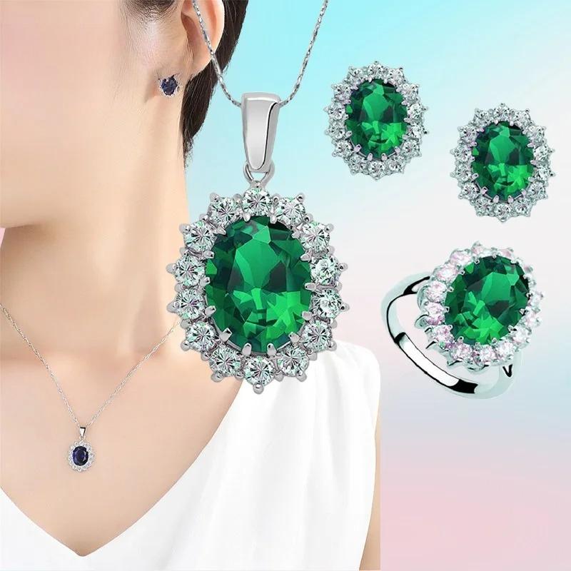 Authentic 925 Sterling Silver Plated Women Wedding Engagement Jewelry Collections Princess Oval Zircon Crystal Necklace Earrings Ring