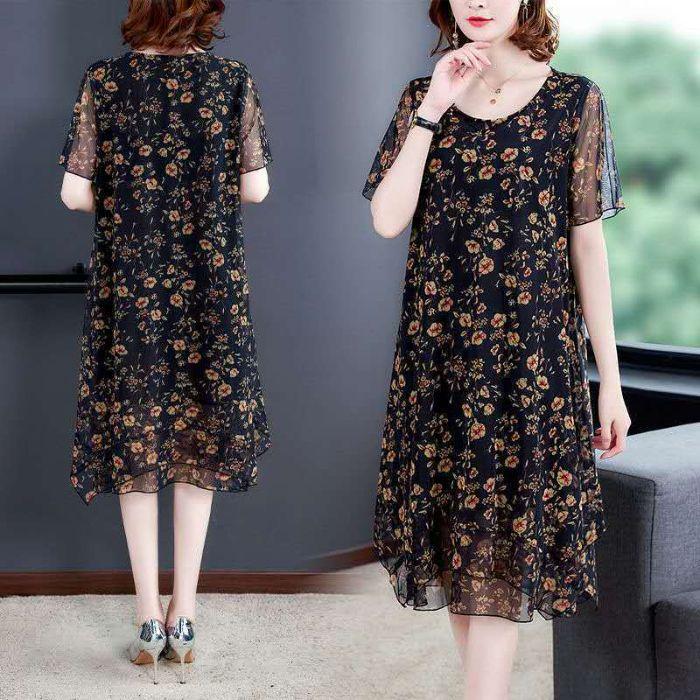 Women's Fashion Summer Spring Floral Print Short Sleeve O-Neck High Waist Casual Dresses