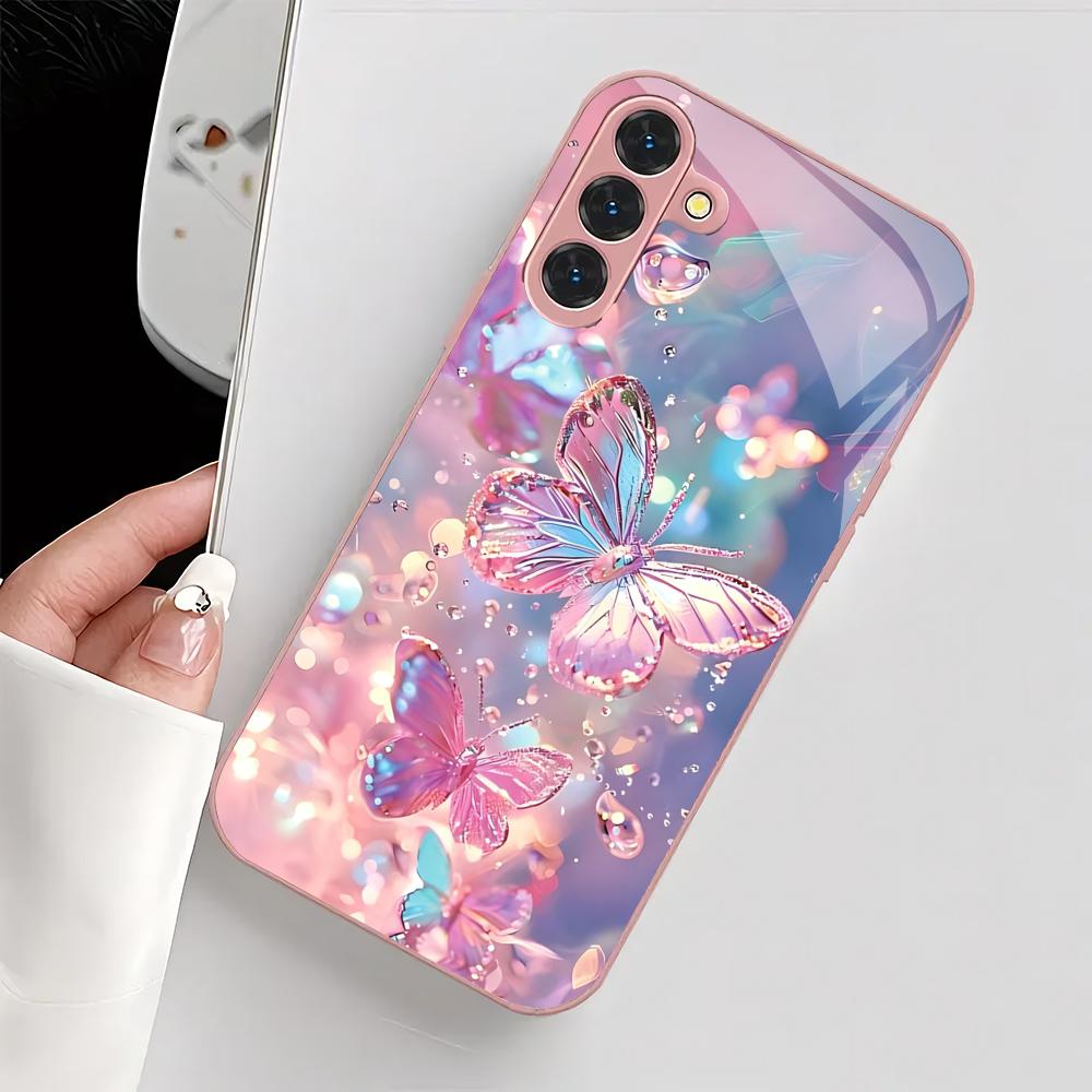 Beautiful Butterfly Metallic Glass Phone Case Suitable for Samsung Galaxy S26 S25 S24 S22 S21 S20 FE/Ultra/Plus Anti Drop