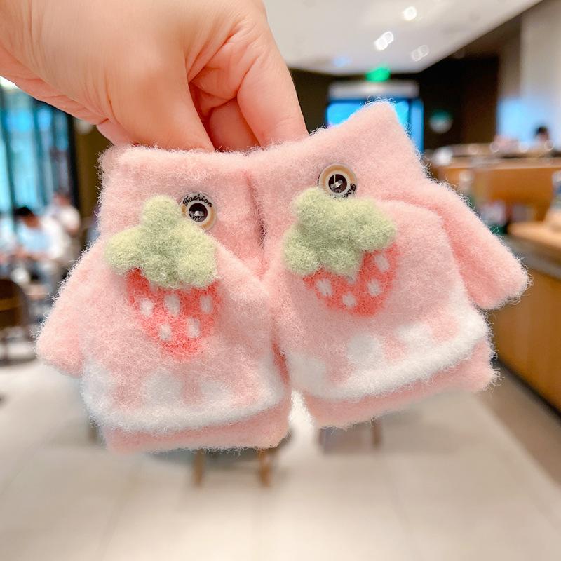 Autumn and winter cartoon fruit children's flip gloves open fingers outdoor cold-proof boys and girls baby children half-finger warm gloves