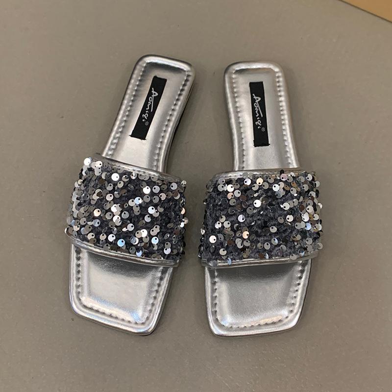 

Новые летние односложные тапочки, женская летняя модная верхняя одежда, темперамент, черный, элегантный, со стразами, толстый каблук, квадратная головка, классные тапочки 43 серебряный