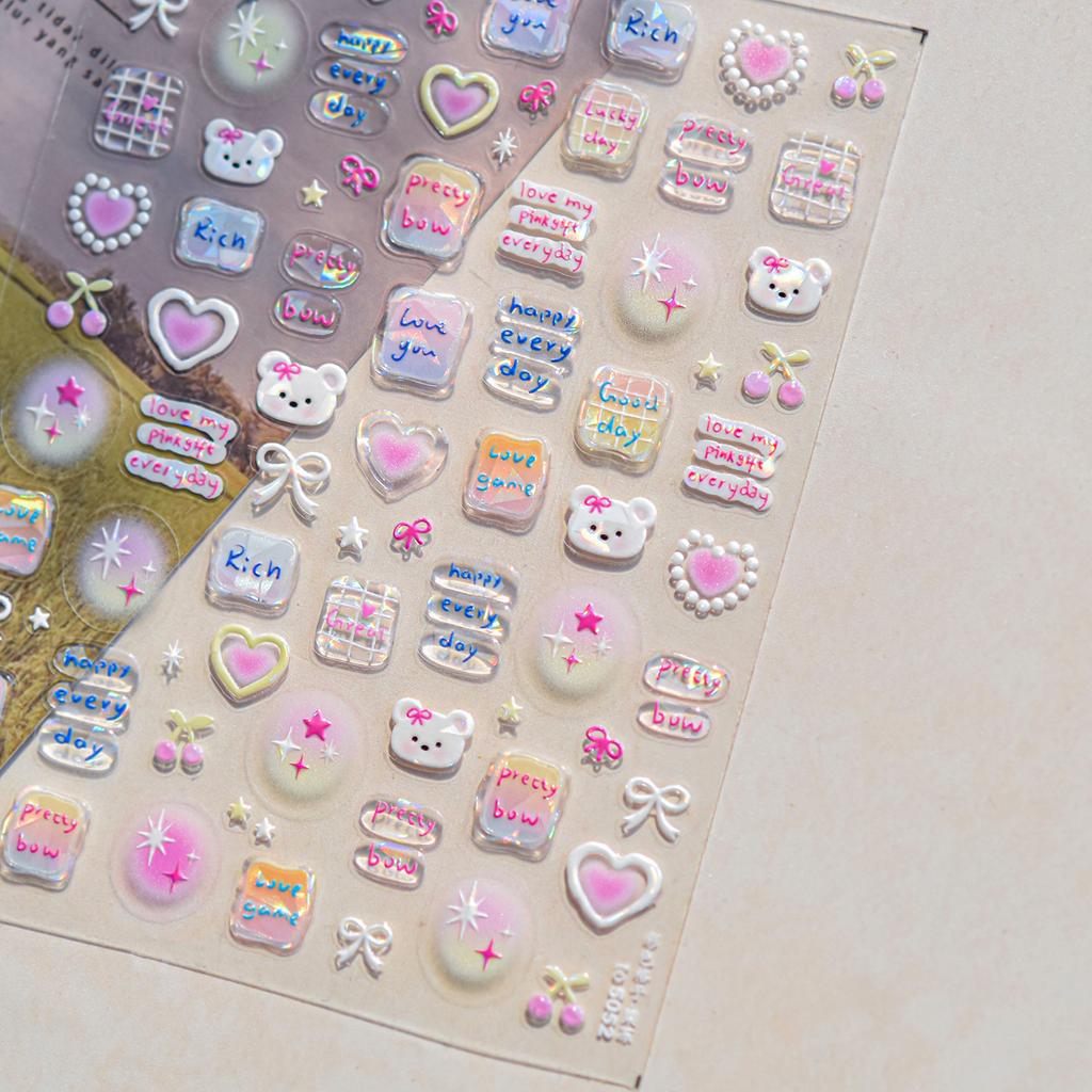 5D Pudding Jelly Dessert Fruit Cherry Pink Claw Print Bowknot Tie Knot Love Heart Stars Nail Art Sticker Adhesive Manicure Decal