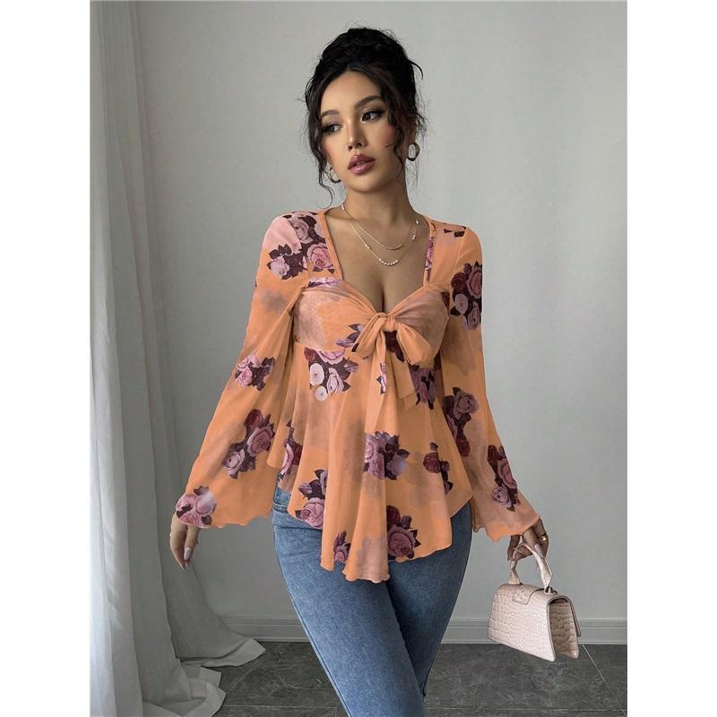 Women's Floral Print Bell Sleeve Peplum Top V Neck Tie Front Blouse