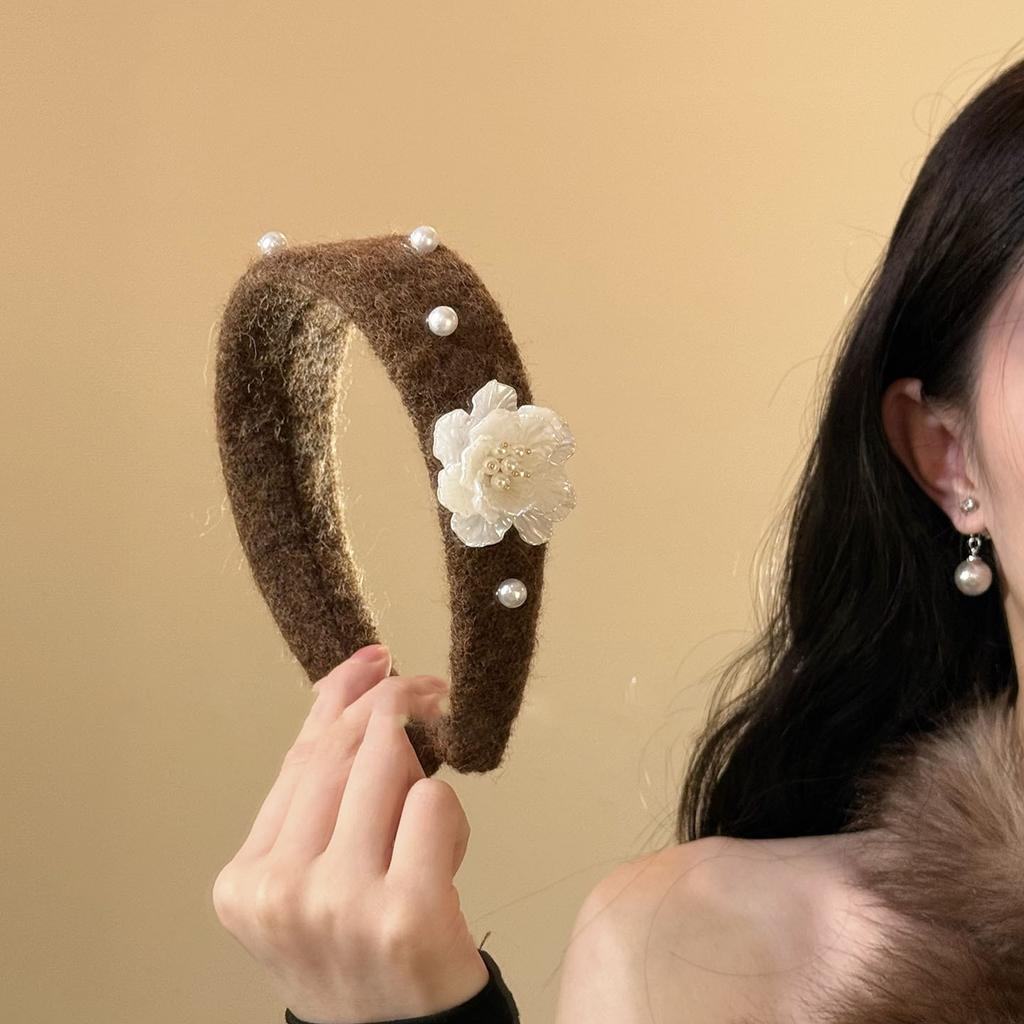 Flocking Fabric Flower Pearl Headband Autumn and Winter Retro Temperament Elegant High Skull Top Headband Hair Accessories