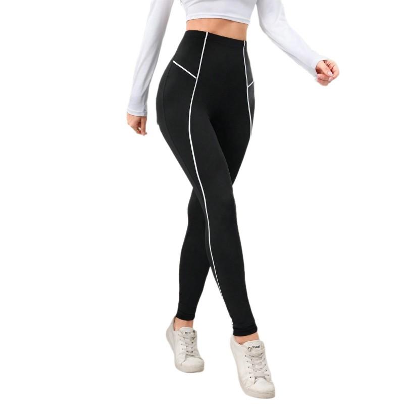 High Waist Black Yoga Leggings Women With White Side Stripe Slim Fit Athletic Workout Pants