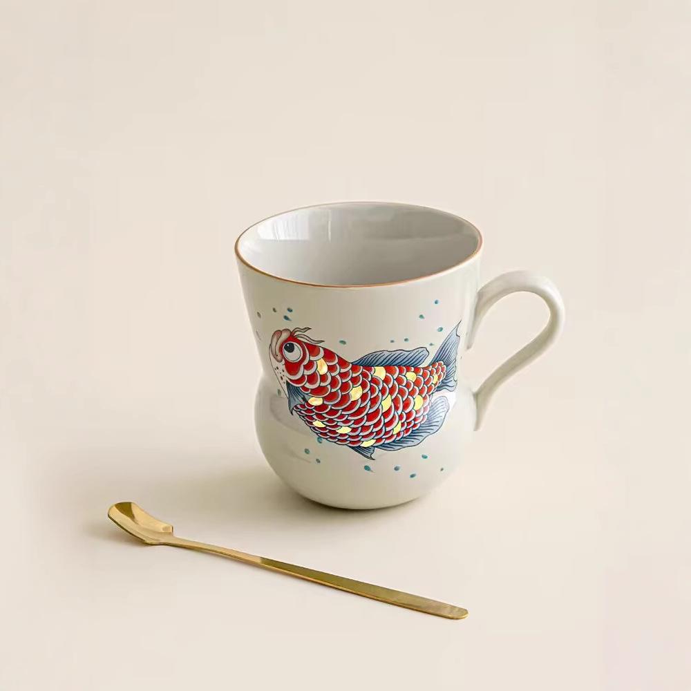 Plant Ash Ceramic Golden Arowana Gold Scale Gourd Shape With Spoon Office Drinking Water Personal Cup Water Cup