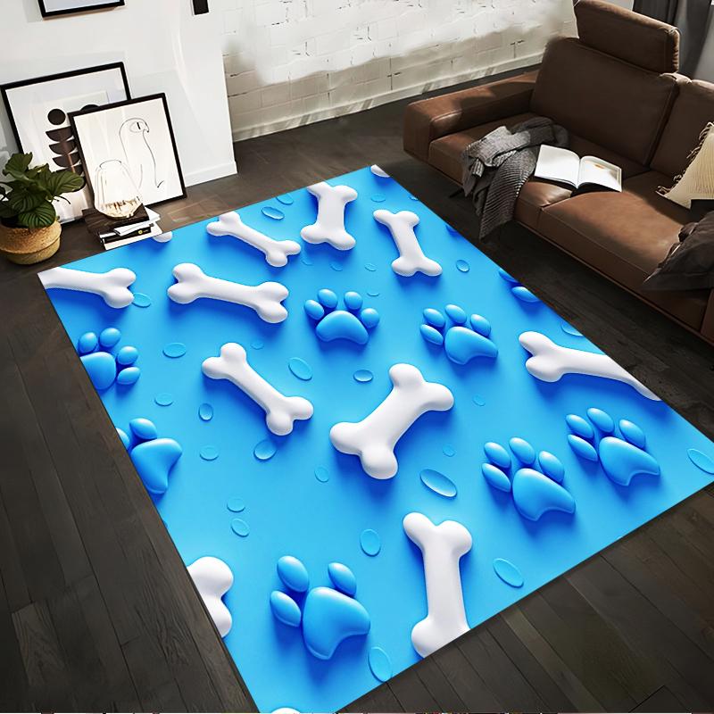 Bones and Paw Prints on Blue Rug Non-slip rug suitable for living room and bedroom sofas.