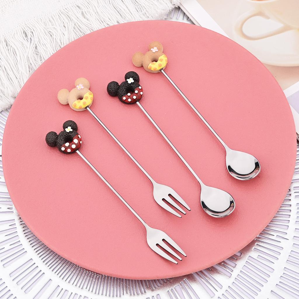 Cute Donut Mickey Ear Dessert Cutlery Set 2Pcs, Stainless Steel Long Handle Dessert Fork & Spoon for Cake Ice Cream Coffee, Kawaii Tableware Gift