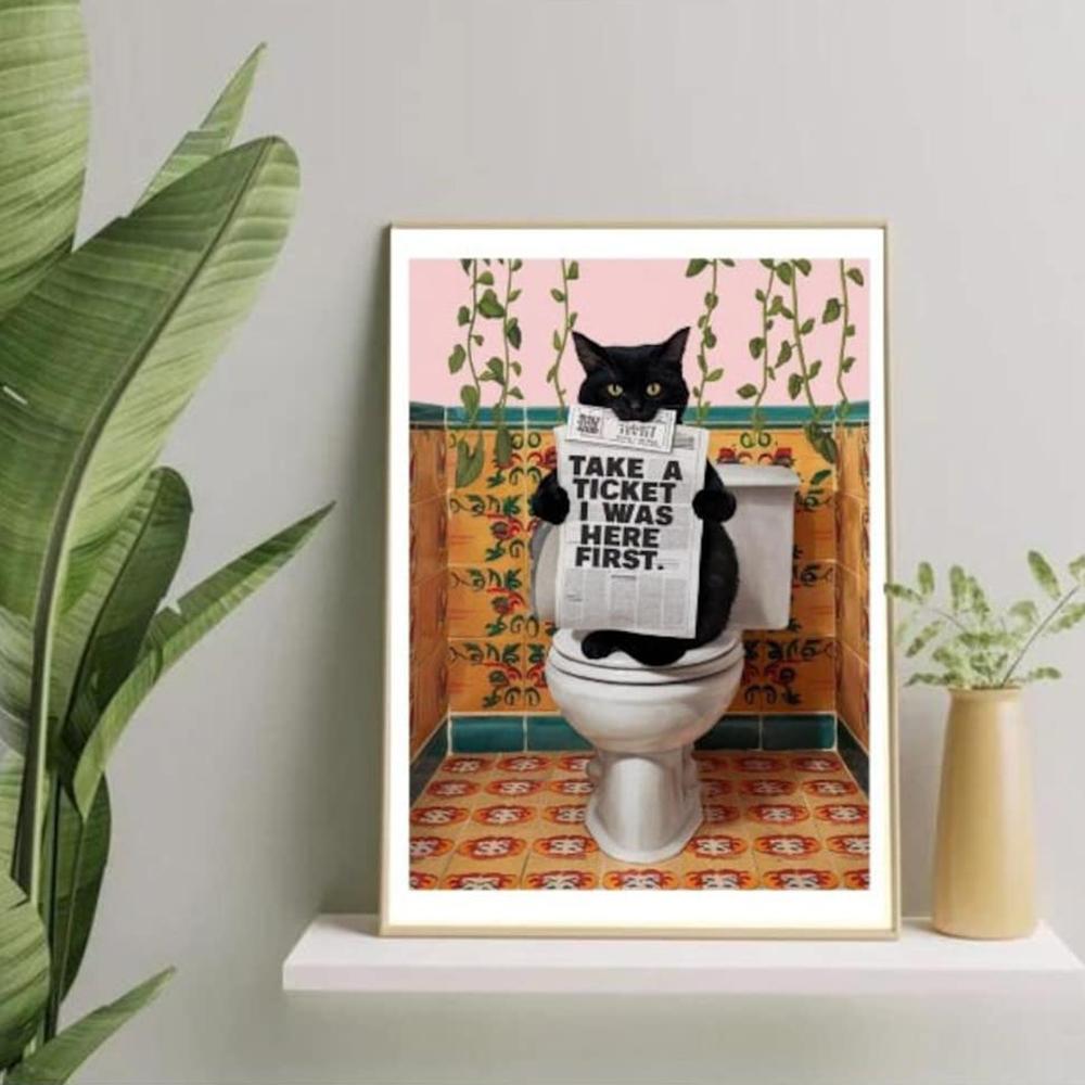 Funny Pink Bathroom Wall Decor Pooping Cat Print Toilet Wall Art Funny Cat Poster Bathroom Home Decoration Canvas Painting