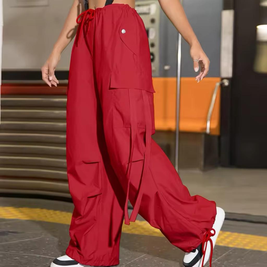 Spring and Summer Rose Red Work Pants for Women's Summer New Style Bow Drawstring Wide-leg Sports Pants