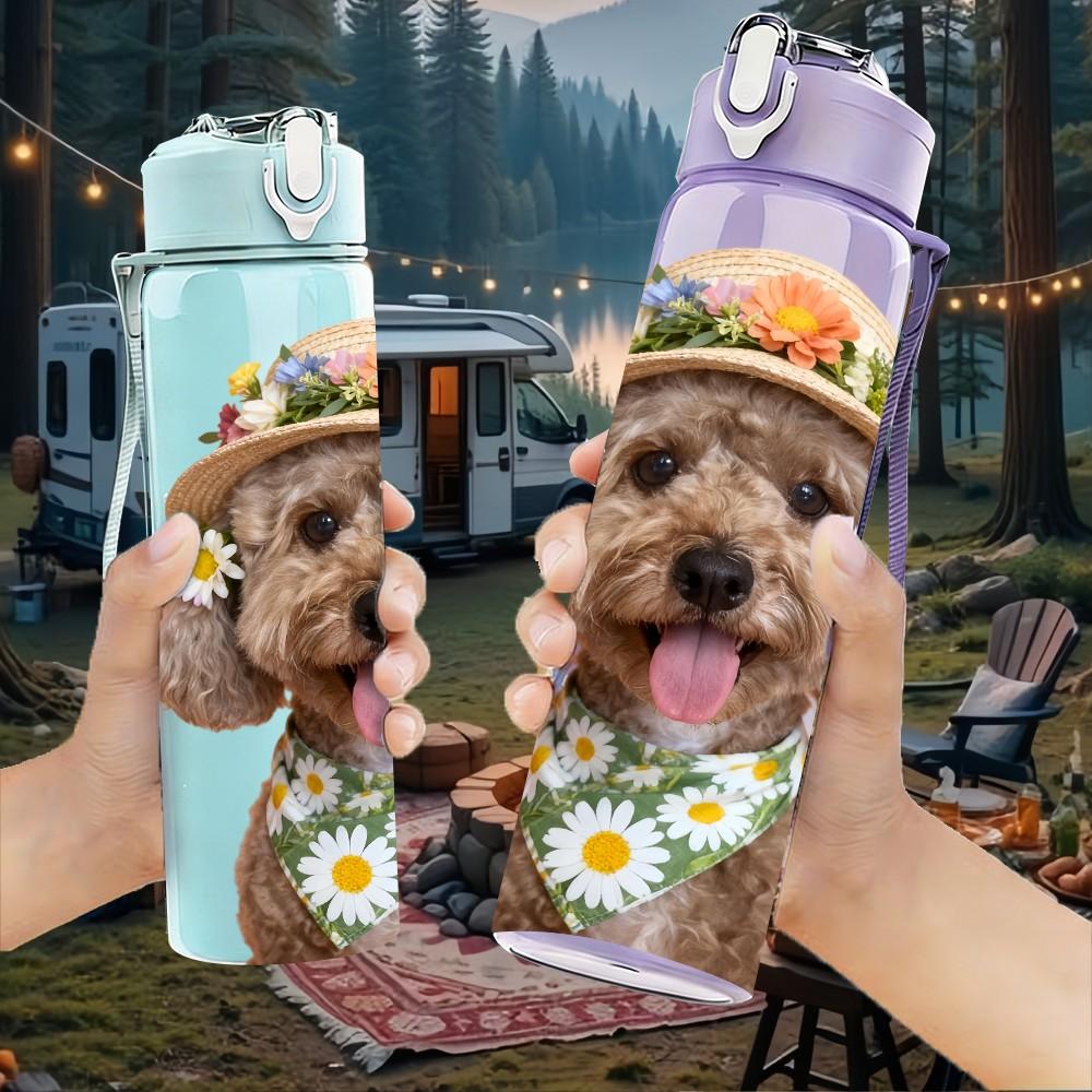 1PC Flower Hat Fluffy Dog Print 750ml Color Plastic Sports Water Bottle Leakproof Flip Straw Lid Suitable for Sports Office Home Use