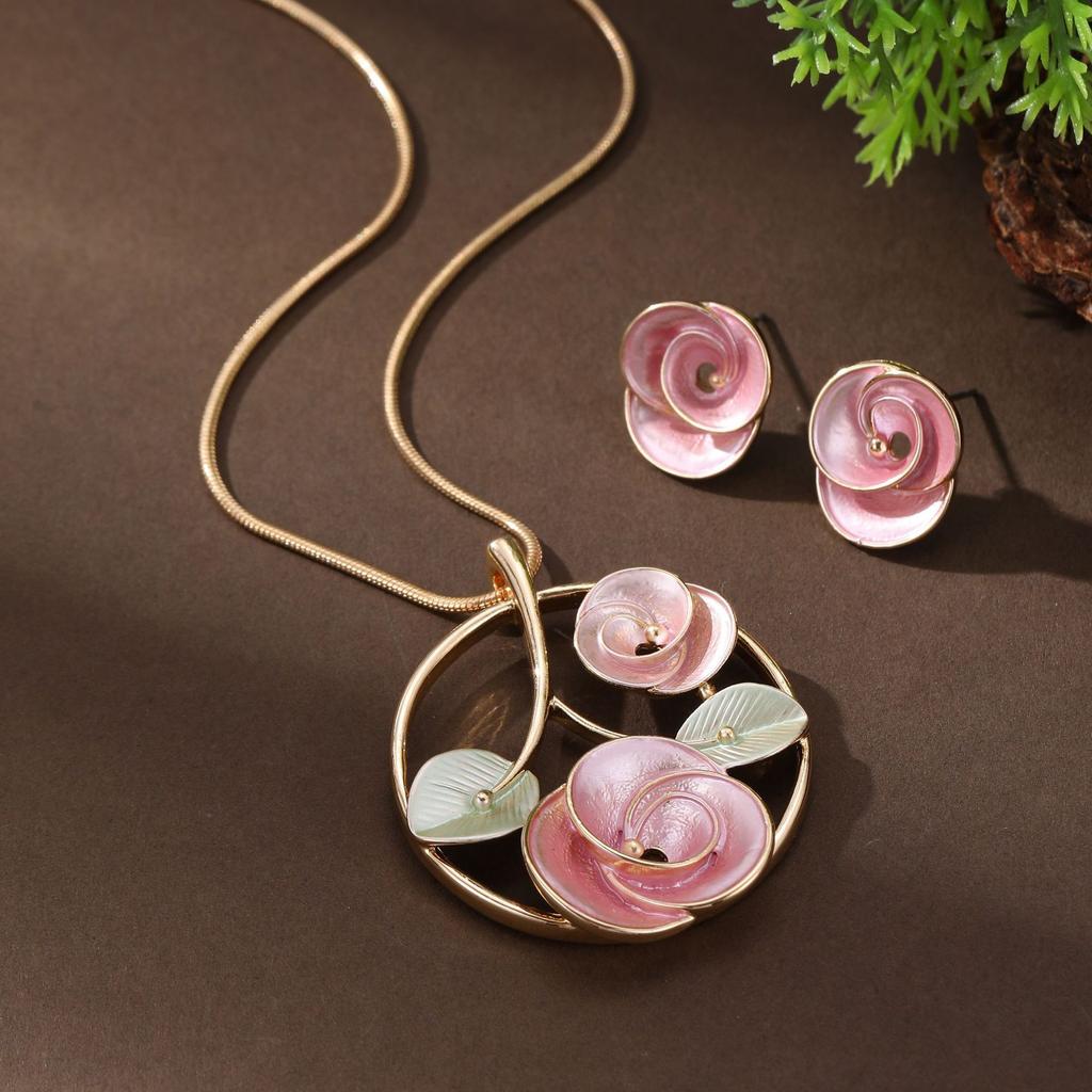 New Enamel Color Hollow Geometric Rose Stud Earrings Pendant Set Women's Fashion Rose Necklace