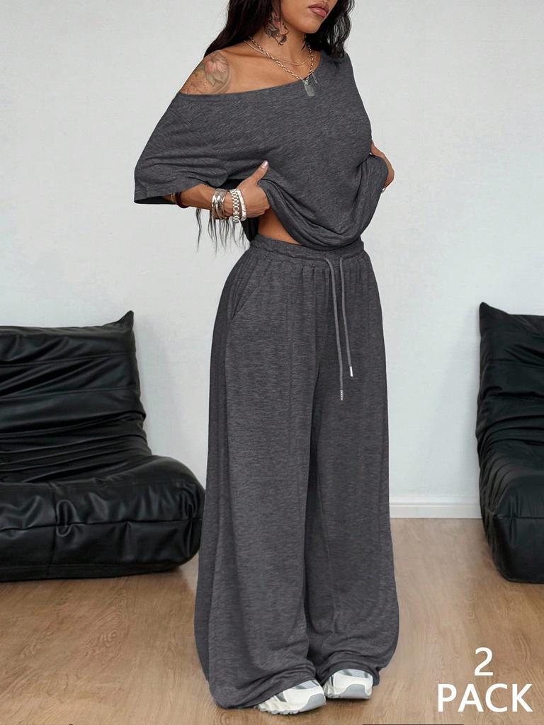 Brown Off Shoulder Short Sleeve Top and Wide Leg Pants Casual Sport Two Piece Set