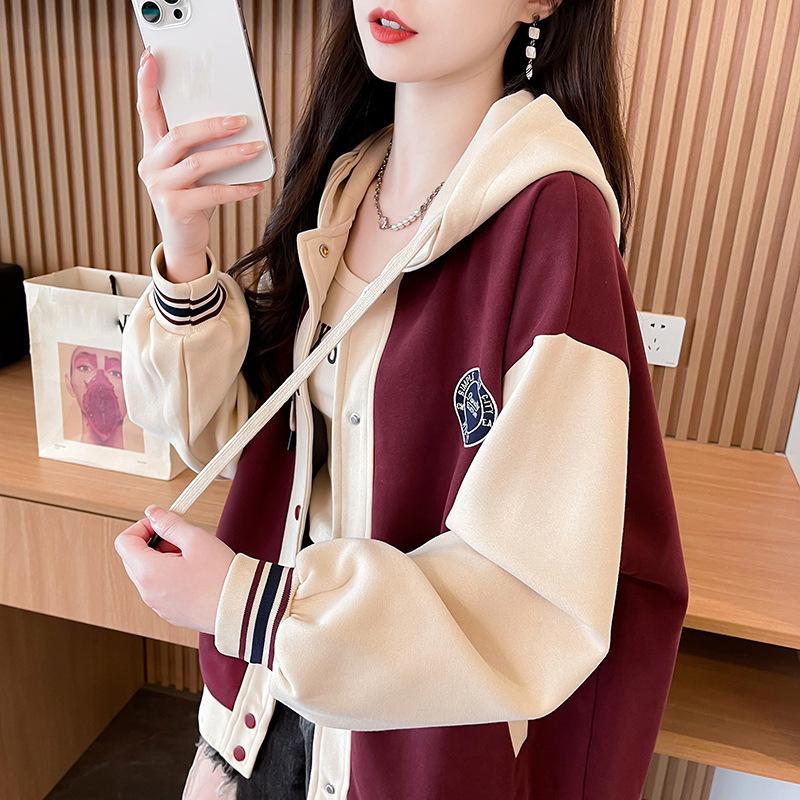 Pre-Fall Hooded Contrasting Sweatshirt Women's Autumn and Winter Loose Plus Size Small Casual Baseball Uniform Jacket