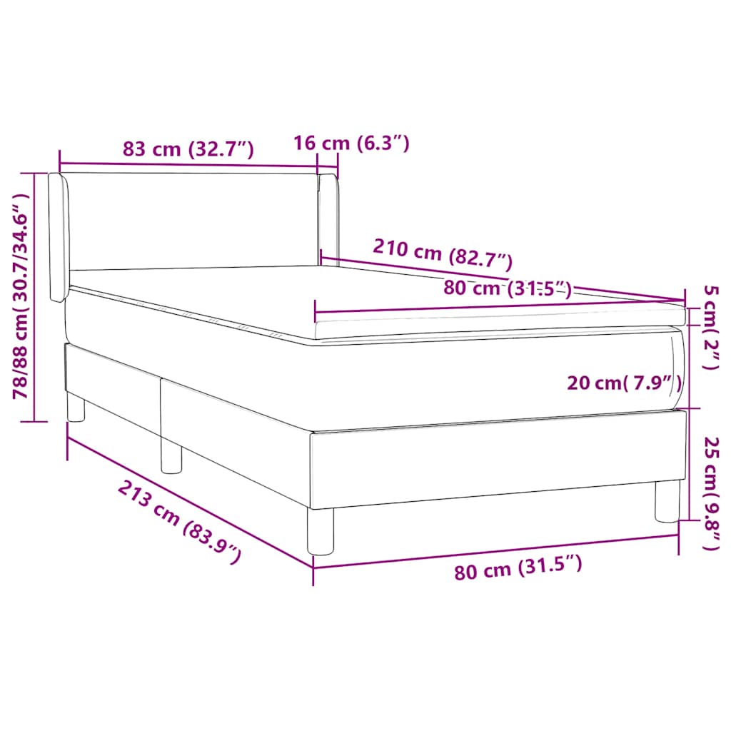 Box Spring Bed with Mattress Light Grey 80 X 210 Cm Velvet