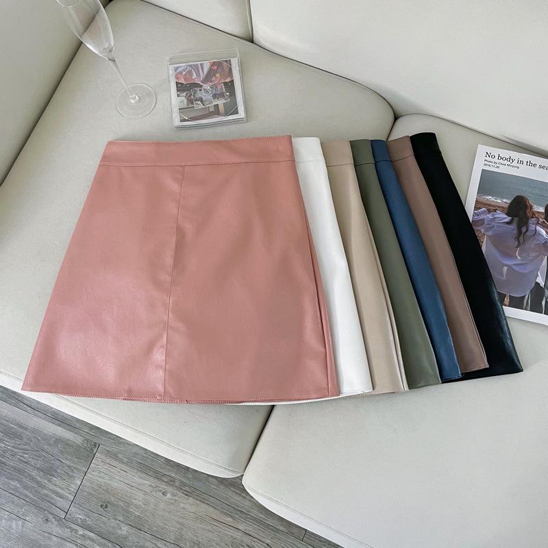 Women's Green PU Leather High Waist A-line Mini Skirt - Autumn/Winter Petite Fashion