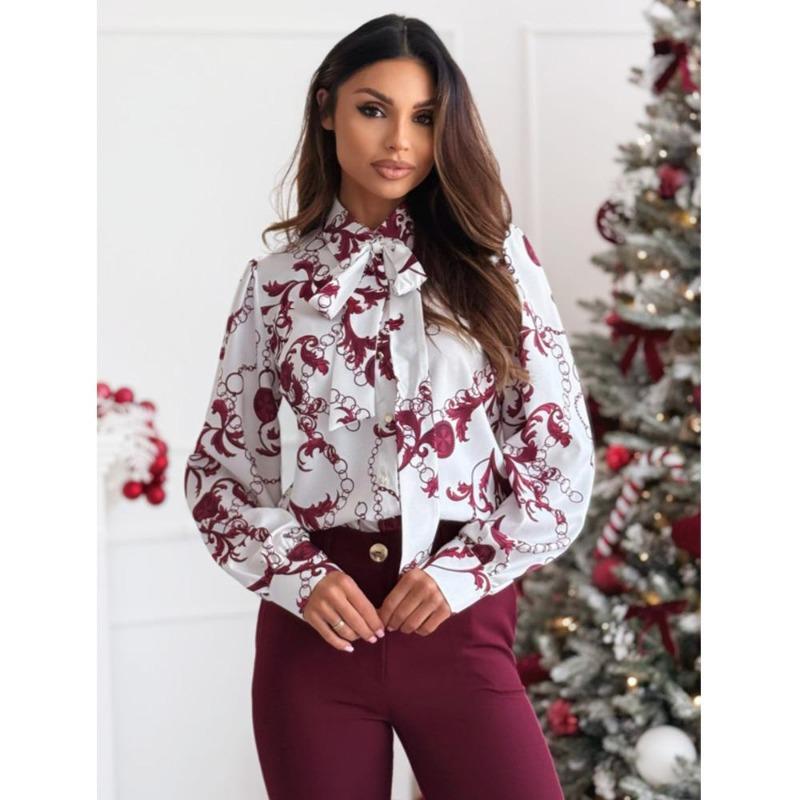 Camisa de manga larga con lazo y estampado sencillo de primavera para mujer