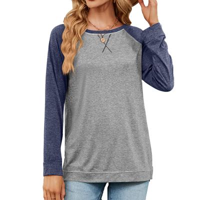 Autumn and Winter Women's Blouse Round Neck Color Blocking Cross Long Sleeve Loose Casual Tops