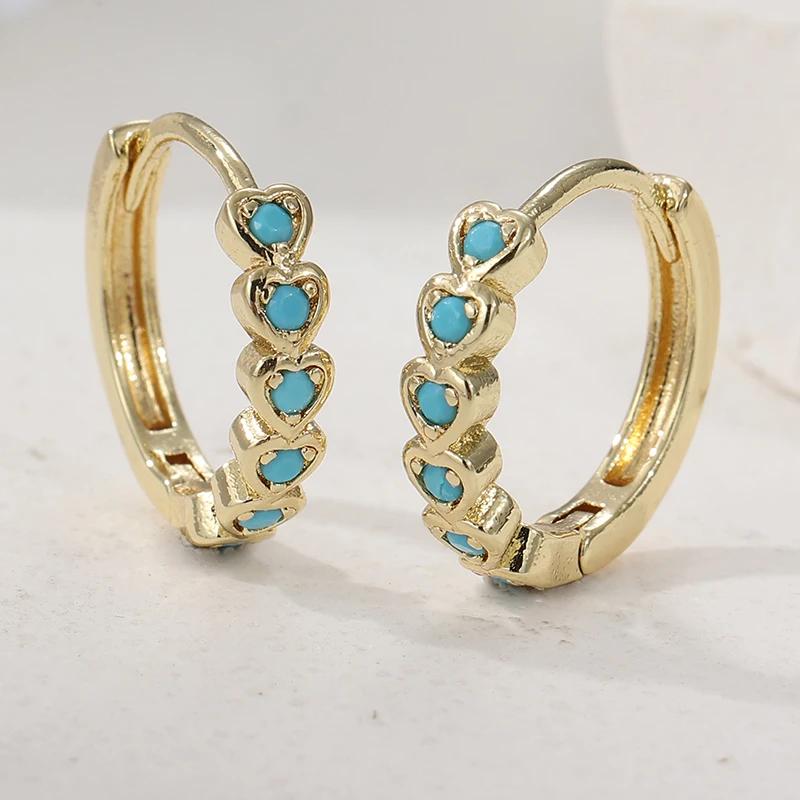 Exquisite Heart-shaped Synthetic Turquoise Inlaid Hoop Earrings for Women Elegant Banquet Festival Golden Plated Jewelry