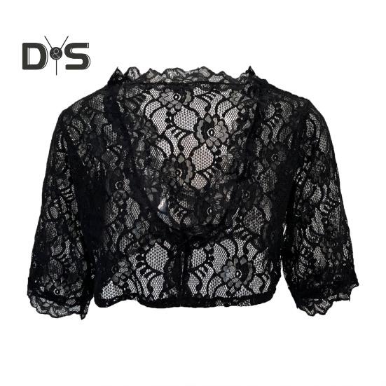 

Женская элегантная прозрачная вышитая кружевная рубашка с V-образным вырезом и коротким рукавом, облегающая однотонная короткая рубашка с укороченным низом M чёрный