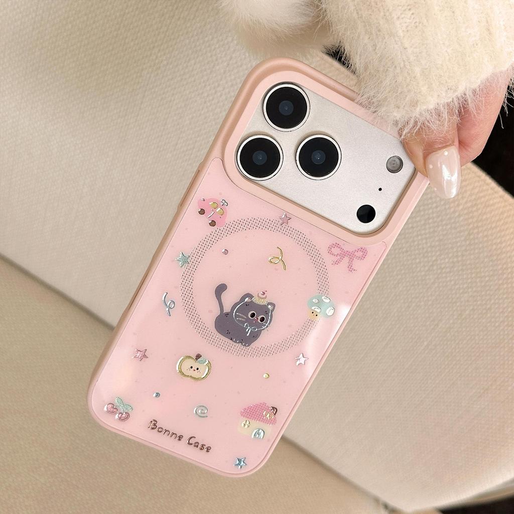 Apple 17 Pro Max Cat Cake Phone Case, Pink/Gold Magnetic Stand for iPhone 13/16/15.