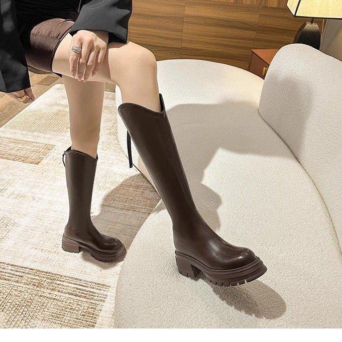 V-mouth brown inner height increase small muffin thick-soled boots women's autumn and winter tall knight boots but knee boots