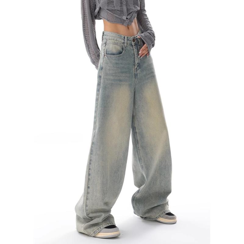 Y2K Blue Jeans for Women High Waist American Street Wide Leg Pants Hip Hop Vintage Straight Autumn Trousers