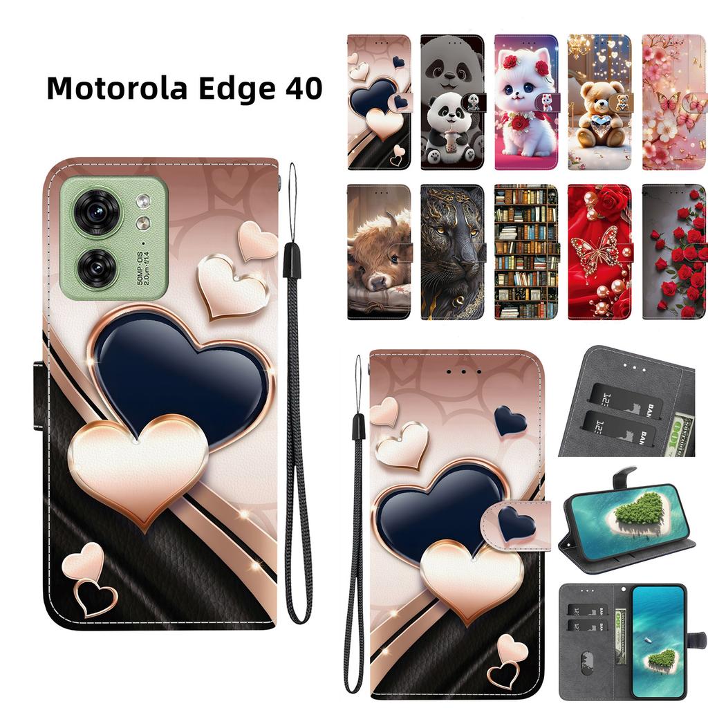 Handmade PU Leather Flip Case for Motorola Edge 40 Anti-Slip Shockproof Cover with Wrist Strap & Heart/Rose Cat Designs
