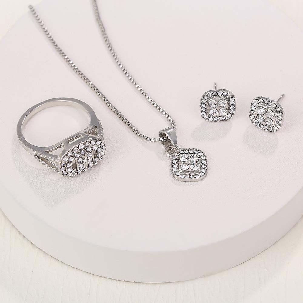 European & American Light Luxury Geometric Inlaid Diamond Jewelry Set: Necklace, Ring, Earrings