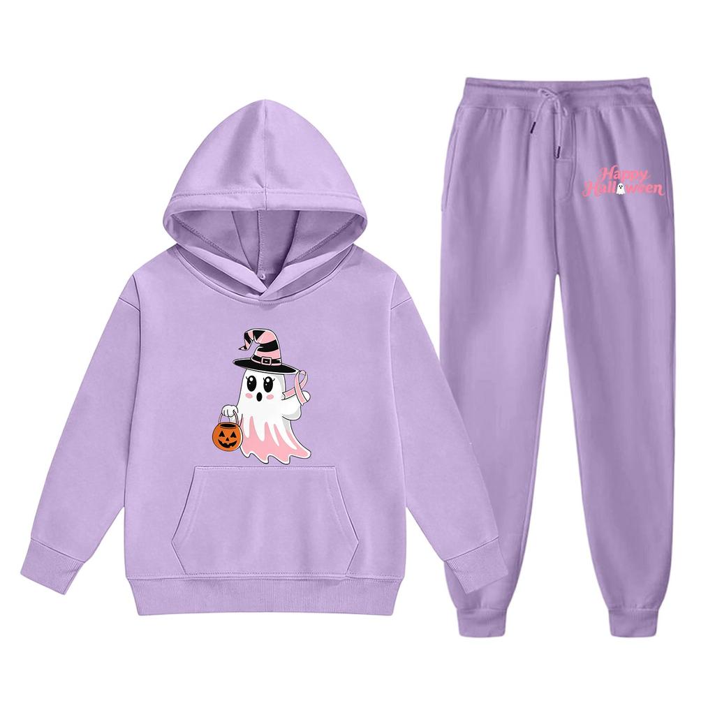Kids Halloween Hoodie and Pants Set Ghost Print Hooded Sweatshirt and Matching Bottoms Comfortable Casual Outfit for Boys and Girls