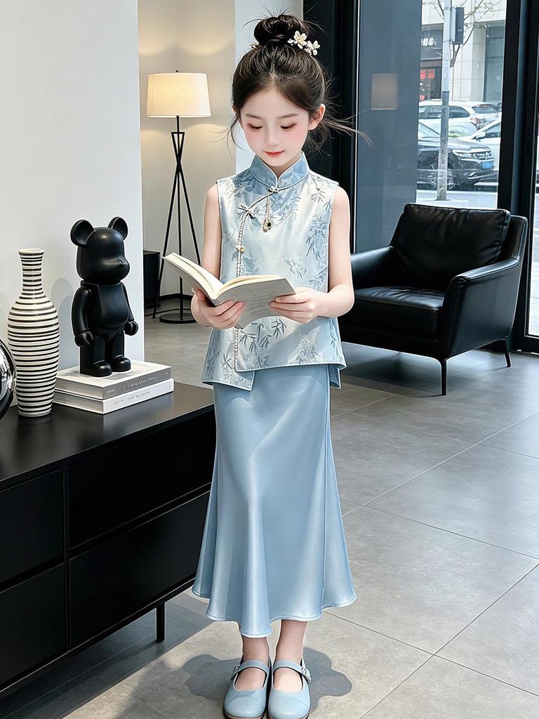 Set Top Qipao Estivo 2026 per Ragazze con Motivo di Bambù e Gonna a Sirena in Raso