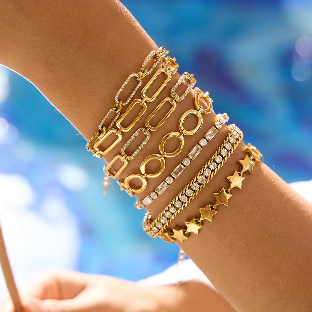 Classic Design 18K Gold Plated Geometric Oval Circle Zircon Chains Bracelets for Women Stainless Steel Waterproof Wrist Jewelry