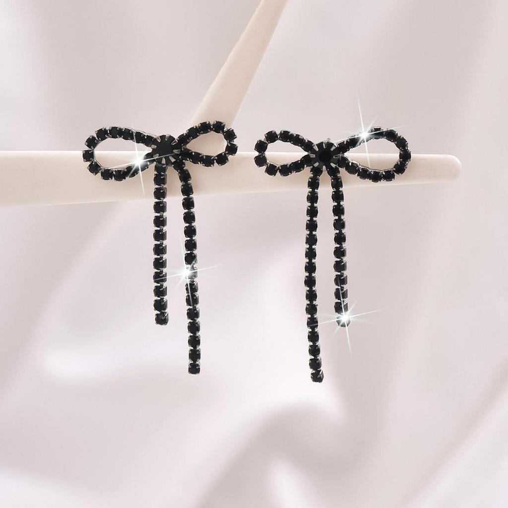 Crystal Bow Knot Tassel Drop Earrings, Silver/Black Rhinestone Long Dangle Earrings for Women