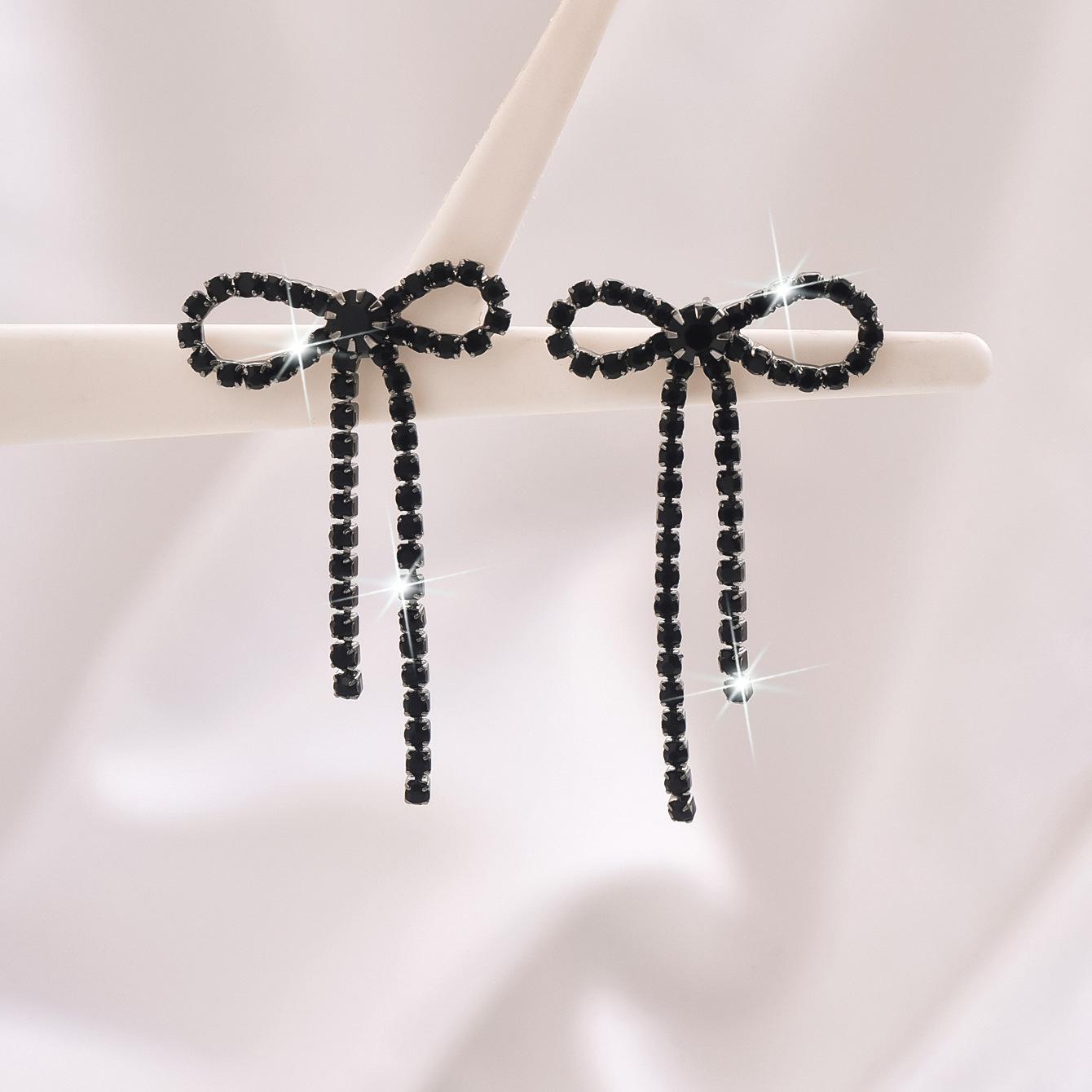 

Crystal Bow Knot Tassel Drop Earrings, Silver/Black Rhinestone Long Dangle Earrings for Women