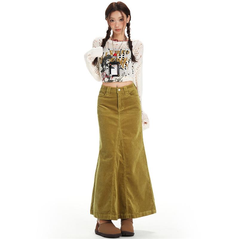 

Женская желтая вельветовая юбка-миди с высокой талией и силуэтом рыбий хвост - Коллекция Осень 2025, Универсальный однотонный цвет, Стильная и элегантная. Large