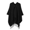 Women’s V‑Neck Knitted Poncho Cape with Toggle Buckle – Mid‑Length Autumn Winter Fringe Shawl Cardigan