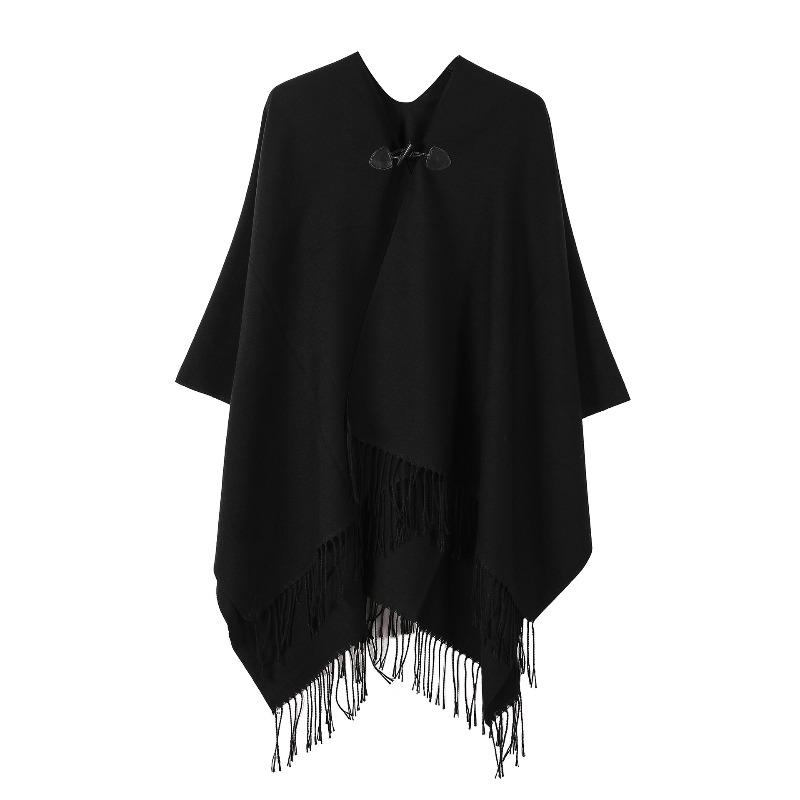 Women’s V‑Neck Knitted Poncho Cape with Toggle Buckle – Mid‑Length Autumn Winter Fringe Shawl Cardigan
