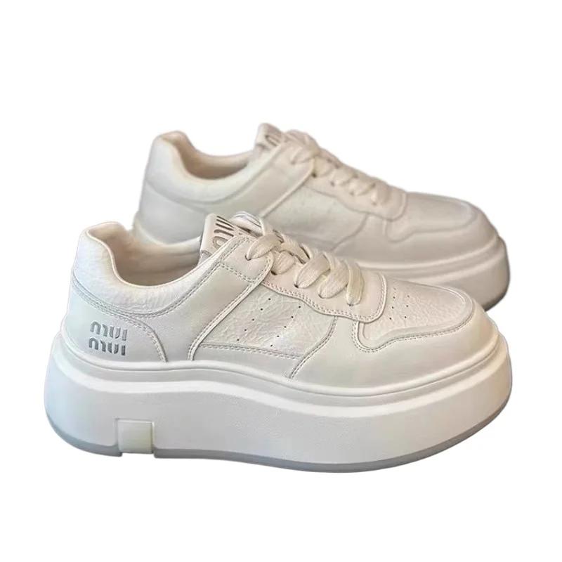 SyfIyno New Spring Summer Soft Leather Thick Soled Shoes Casual Sports Shoes Low Cut Height Increasing Flat Shoes