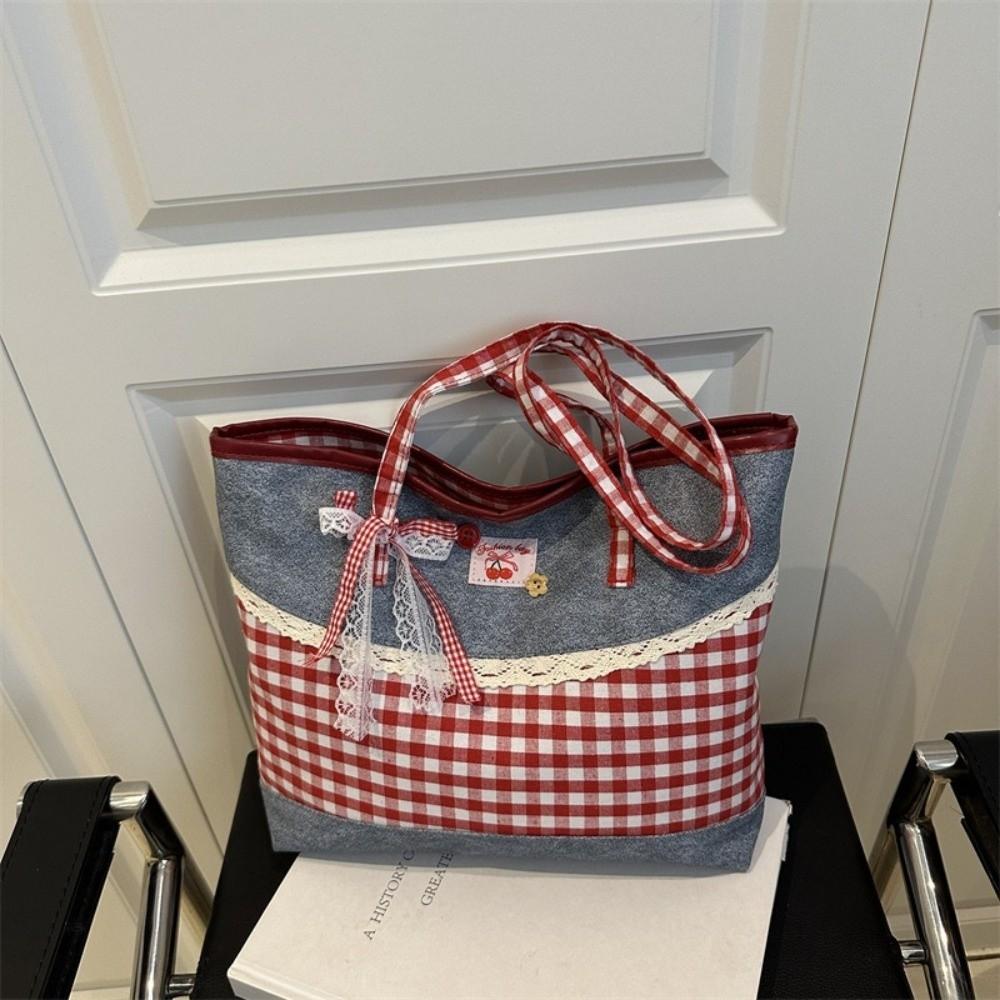Fashion Lattice Lace Bow Shoulder Bag Casual Large Capacity Handbag Versatile Tote Bag Women