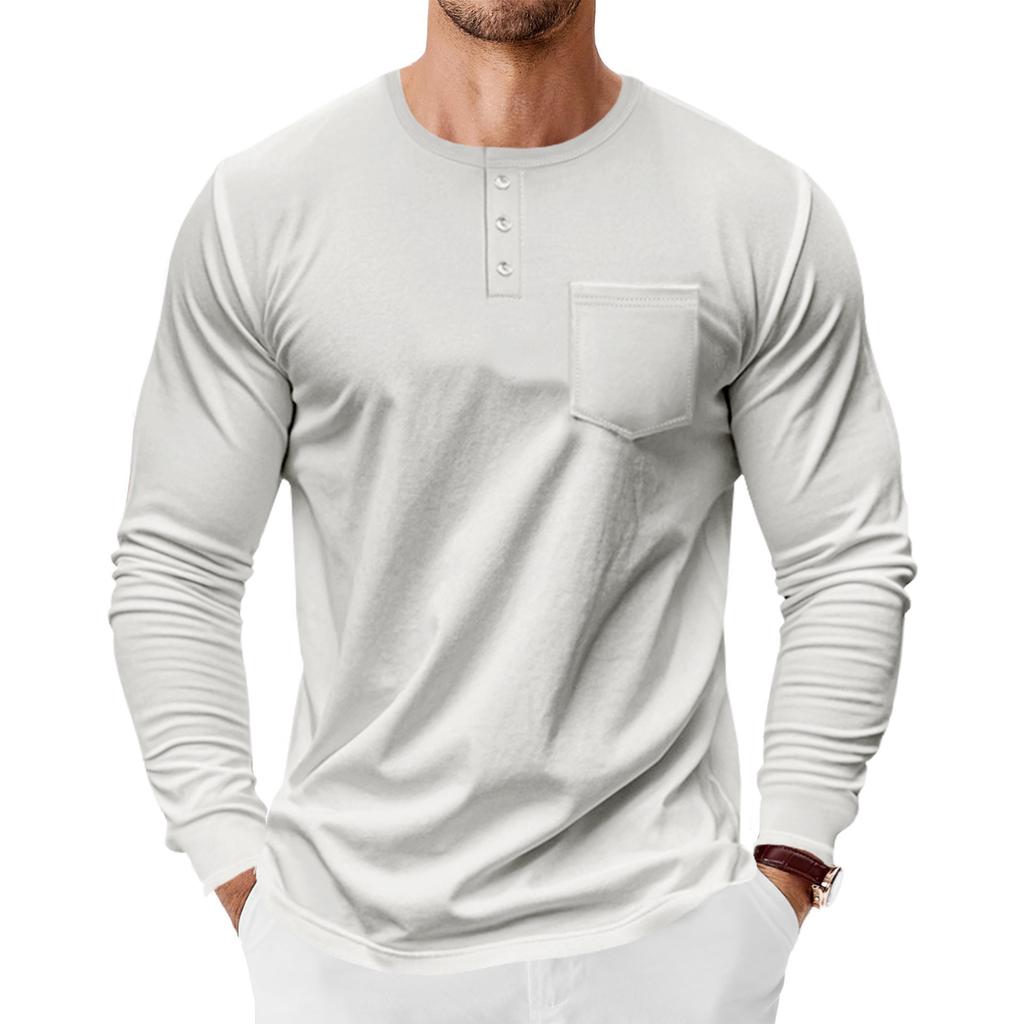 Mens Long Sleeve Henley Shirt Loose Fit Pocket Tee For Spring Autumn