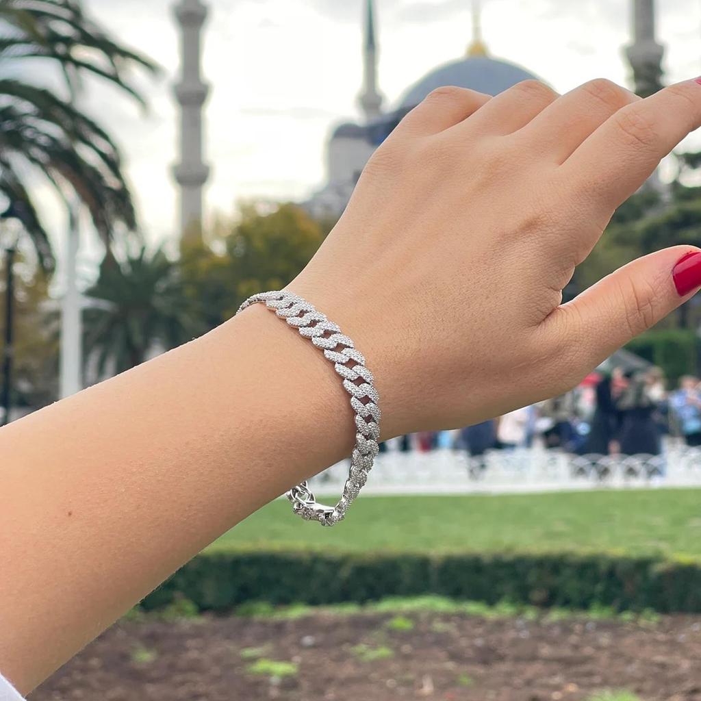 Brățară din argint cubanez Miami, brățară cu lanț cubanez, brățară cubaneză albă, cubaneză lucrată manual, bijuterii turcești, brățară unisex