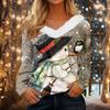 Women's Christmas Print Long Sleeve V-Neck Top with Plush Collar and Patchwork Design