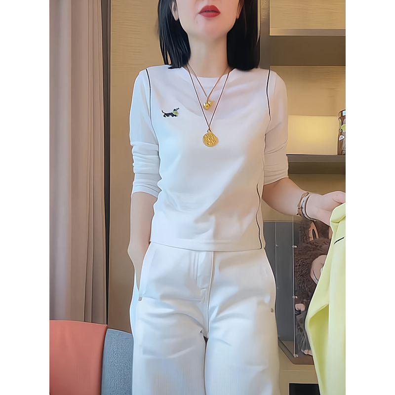 

Embroidered Puppy White Base Shirt for Women, Spring 2026 New Long-Sleeve T-Shirt, Casual Versatile Round-Neck Top White S