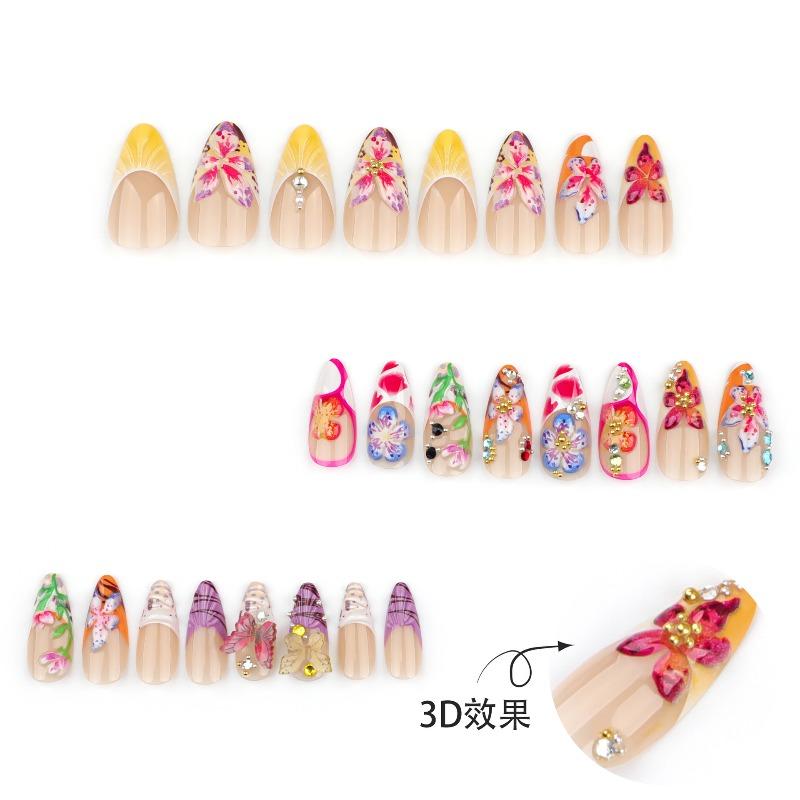 Tropical flower 3D wearing nail piece three-dimensional point drill butterfly French nail piece cross-border hot-selling color fake nail manicure