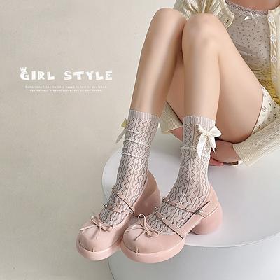 Ladies Spring and Summer Bow Ballet Style Hollow Lace Bow Mesh Long Tube Stack Socks