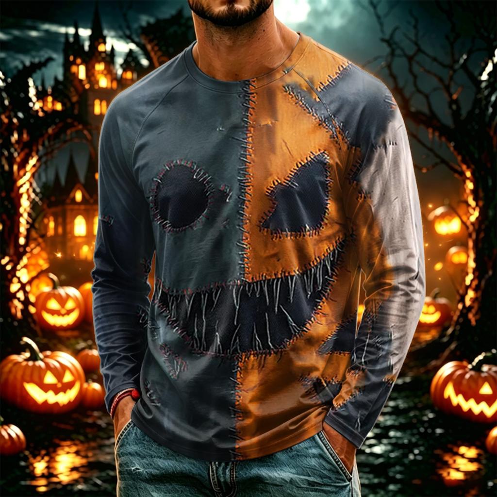 Men's Halloween Printed Neck Lightweight Long Sleeve T-Shirt for Casual Wear