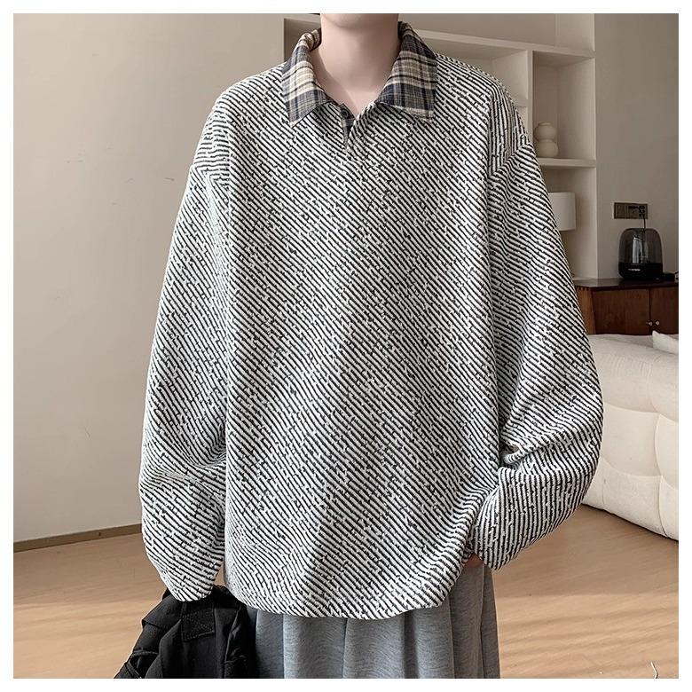 Men's Fake Two-Piece Long-Sleeve Knit Shirt, Loose Plus Size, Lapel Hoodie, American Style, Spring/Autumn 2025.