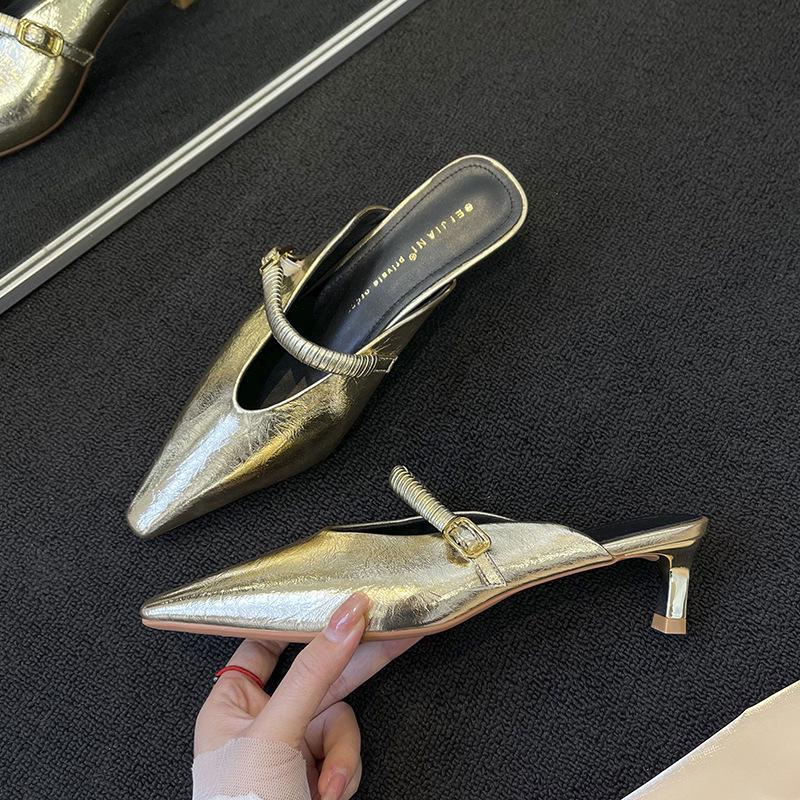 

Универсальный темперамент Баотоу сандалии женские верхняя одежда острый носок тонкий каблук полушлепанцы средний каблук обувь Мюли высокие каблуки 39 серебряный