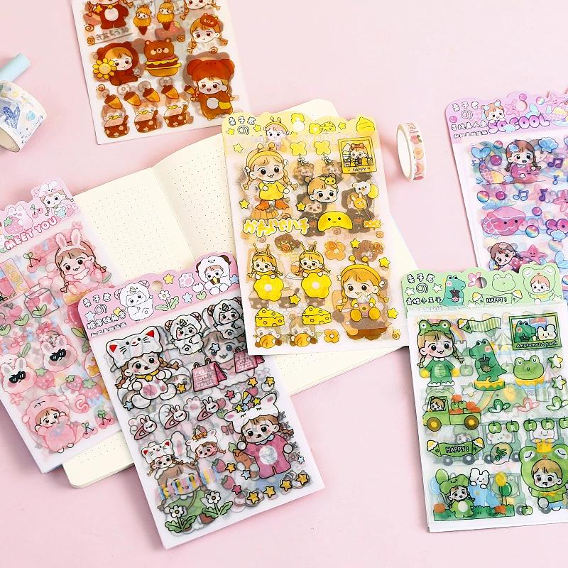 4Pcs Cute Pink  Sweetheart Cartoon Stickers Frosted PET Transparent Scrapbook Journal Sticker Deco Kawaii Girl Stationery Decals